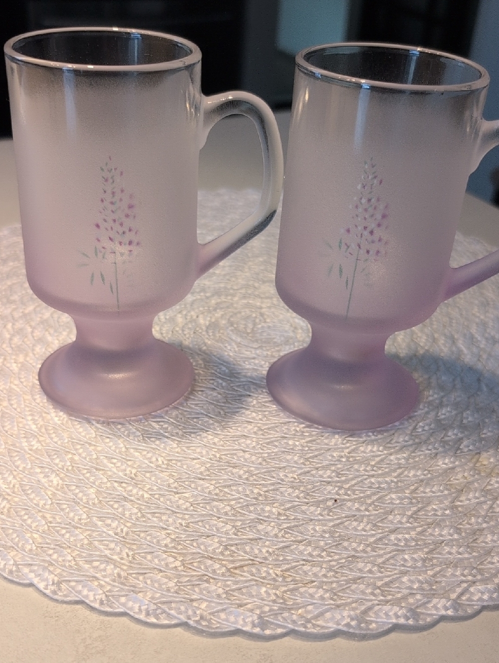 Vintage Frosted Lavender/Pink. Glass Pedestal Mugs . Labeled France.  Set of 2